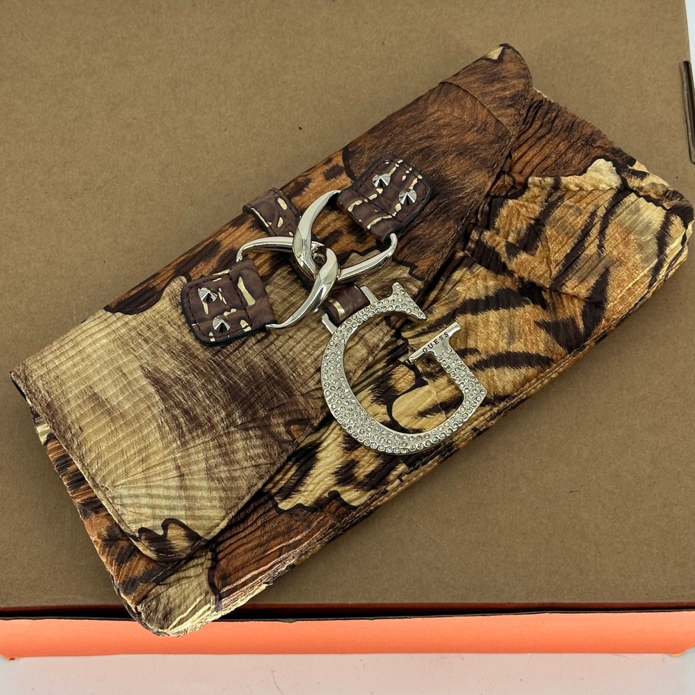 Y2K G Guess Brown Leopard Animal Print Patchwork Clutch Wallet Rhinestone 2000s